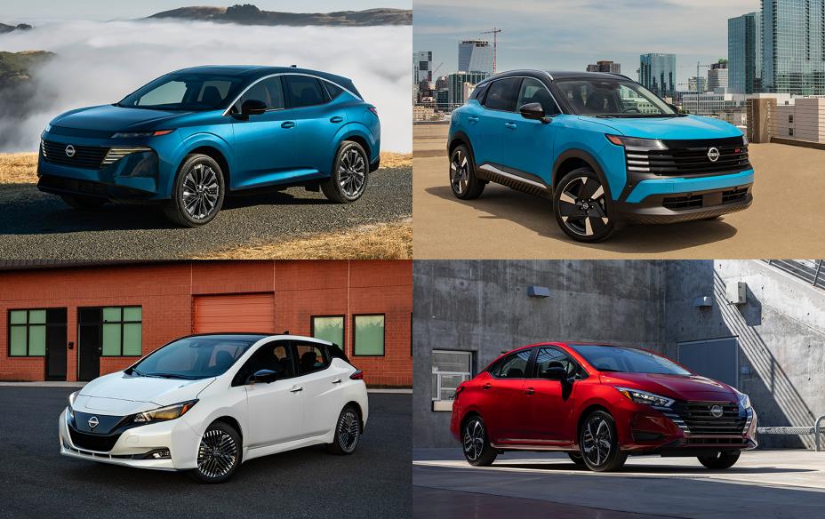 A collage of four Nissan models, Murano, Kicks, LEAF and Versa.