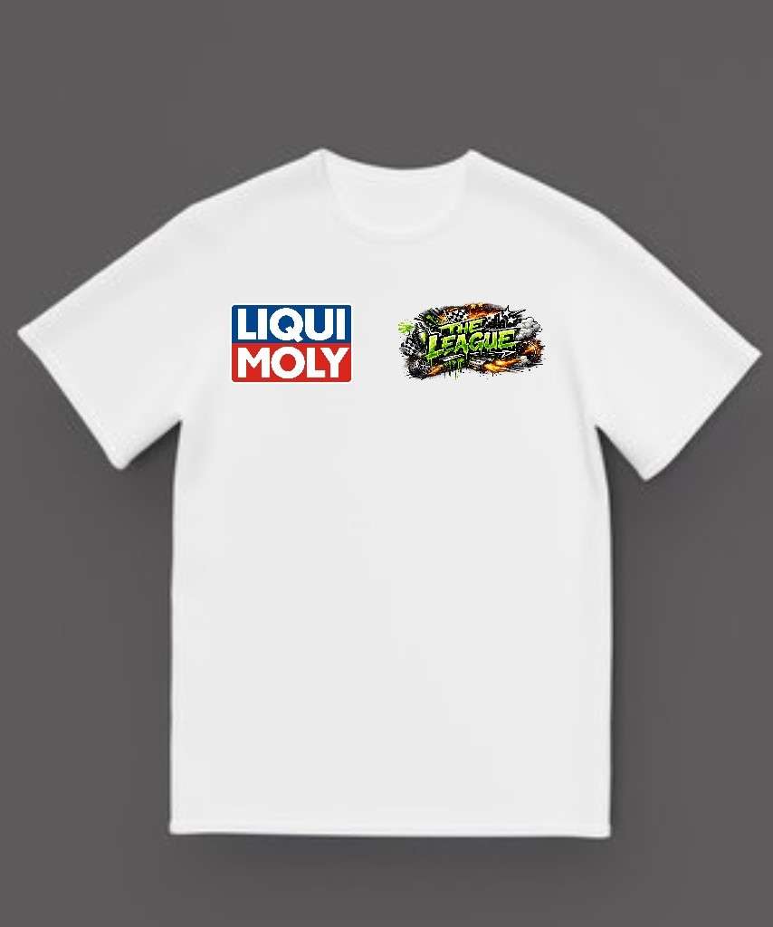 White short-sleeve t-shirt featuring a Liqui Moly logo on the left chest and “The League” racing graphic on the right chest, shown on a neutral background.