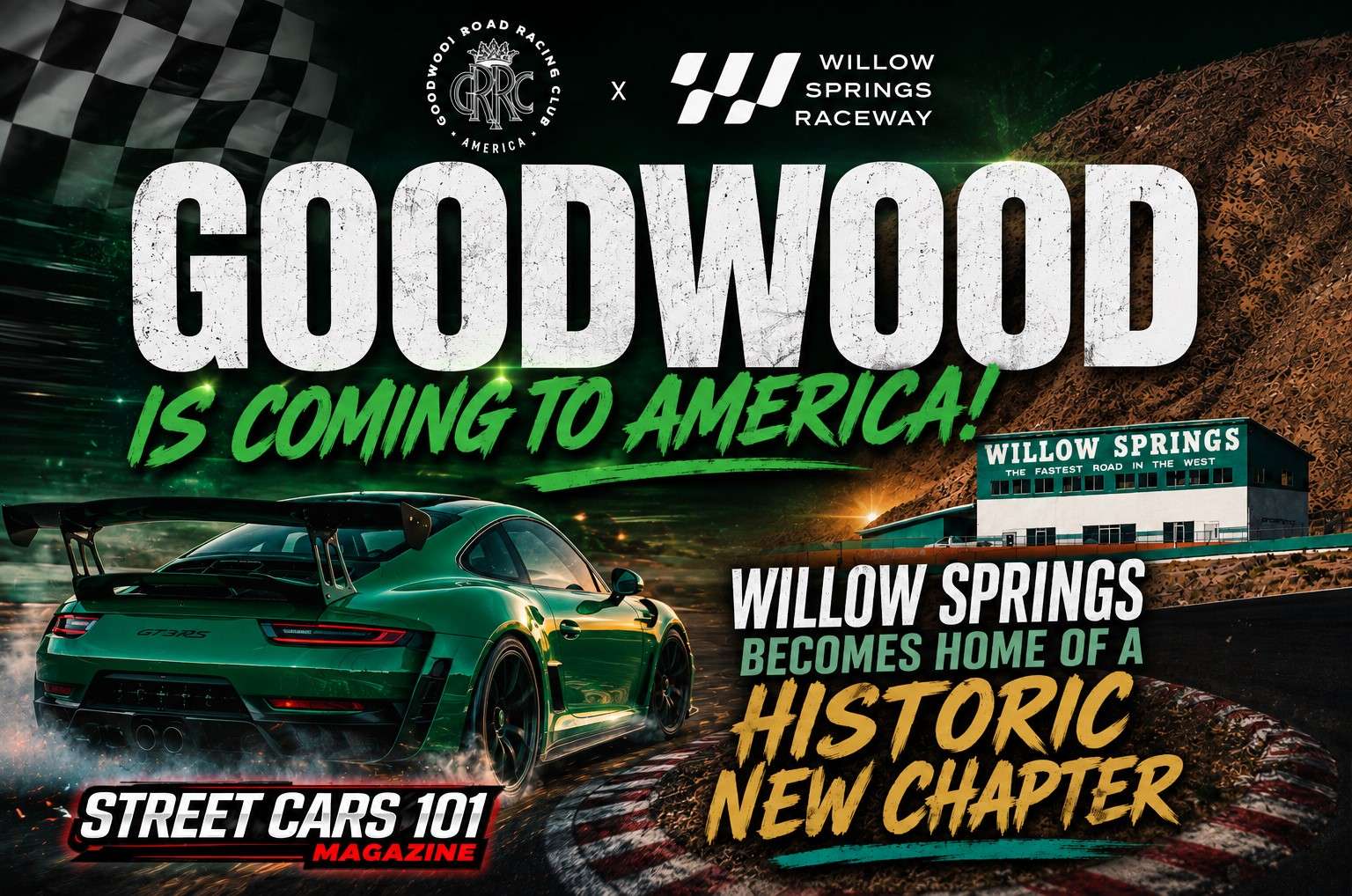 Goodwood Is Coming to America: Willow Springs Becomes Home of a Historic New Chapter 11 Goodwood is coming to America! Green Porsche at Willow Springs Raceway.