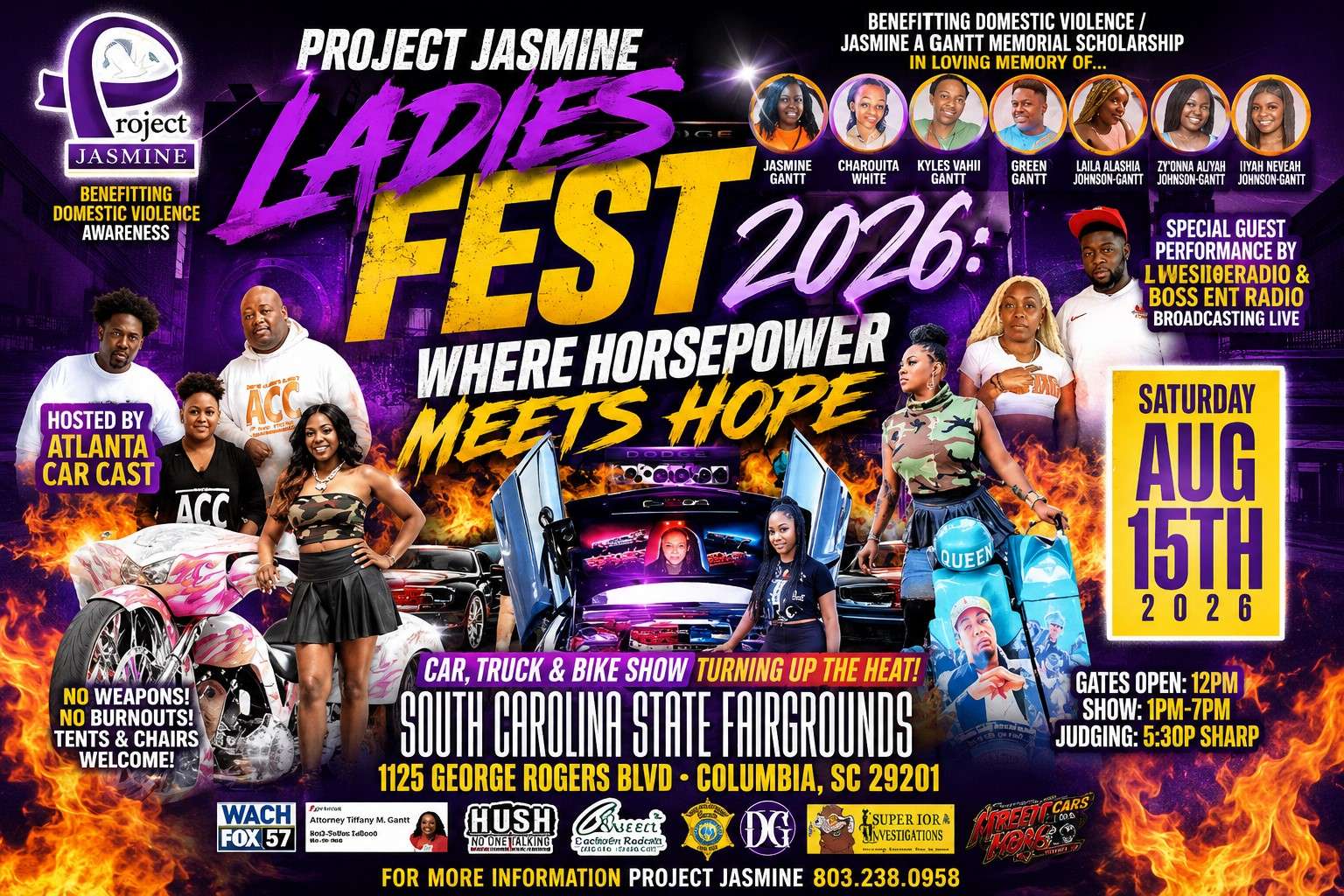 Project Jasmine Ladies Fest Domestic Violence Awareness Car Truck & Bike Show 2026: Where Horsepower Meets Hope 13 Project Jasmine LadiesFest 2026: Car, Truck, Bike Show at SC State Fairgrounds, Aug 15