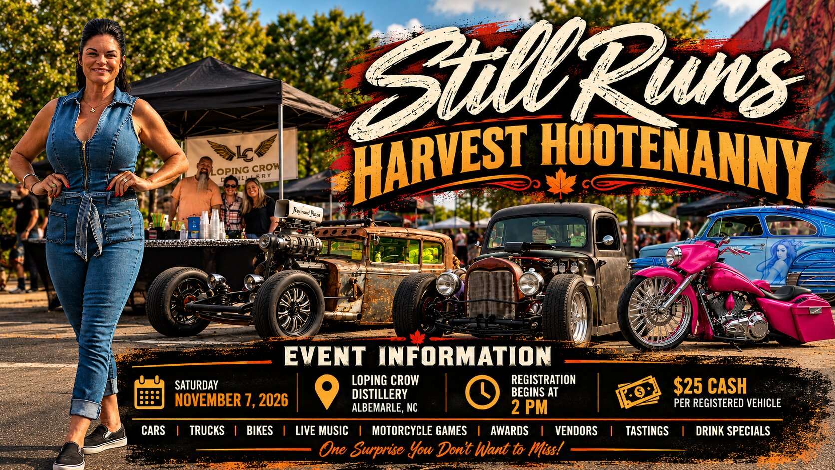 Still Runs Harvest Hootenanny Fall Fun to Albemarle 10 Still Runs Harvest Hootenanny event poster with classic cars and a woman